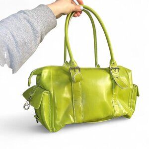 Green faux leather vegan pleather shoulder bag with multiple pockets and zipper